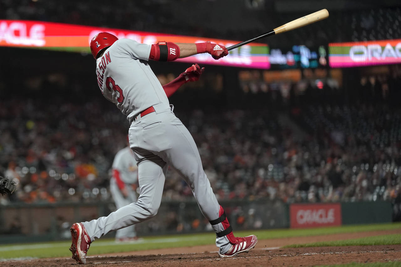 St. Louis Cardinals' Dylan Carlson hits an RBI double against the San Francisco Giants during the n...