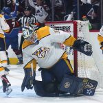
              Nashville Predators goaltender David Rittich (33) reacts after giving up a goal go Colorado Avalanche defenseman Devon Toews (7) during the first period in Game 1 of an NHL hockey Stanley Cup first-round playoff series Tuesday, May 3, 2022, in Denver. (AP Photo/Jack Dempsey)
            