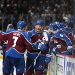 
              Colorado Avalanche left wing Gabriel Landeskog (92) celebrates an empty-net goal against the Edmonton Oilers during the third period in Game 1 of the NHL hockey Stanley Cup playoffs Western Conference finals Tuesday, May 31, 2022, in Denver. (AP Photo/Jack Dempsey)
            