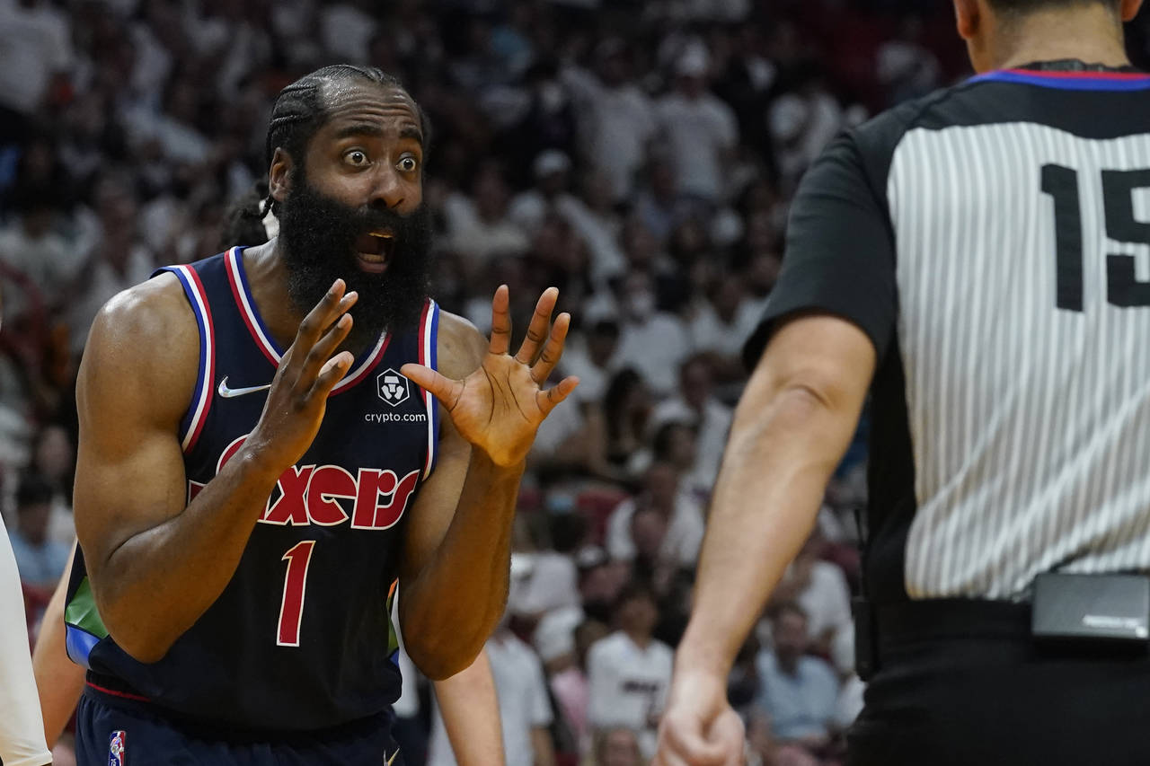 Philadelphia 76ers guard James Harden (1) reacts to a call by referee Zach Zarba (15) during the se...