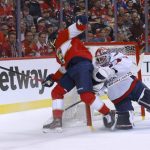 
              Washington Capitals goaltender Vitek Vanecek (41) shoves Florida Panthers left wing Anthony Duclair (10) away from the net during the second period of Game 1 of an NHL hockey first-round playoff series Tuesday, May 3, 2022, in Sunrise, Fla. (AP Photo/Reinhold Matay)
            