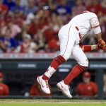 
              Cincinnati Reds' Joey Votto dodges a pitch during the eighth inning of the team's baseball game against the Chicago Cubs in Cincinnati, Wednesday, May 25, 2022. The Reds won 4-3. (AP Photo/Aaron Doster)
            
