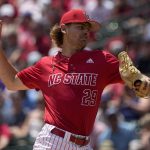 
              NC State pitcher Logan Whitaker throws against North Carolina during the first inning in an NCAA college baseball game at the Atlantic Coast Conference tournament final Sunday, May 29, 2022, in Charlotte, N.C. (AP Photo/Chris Carlson)
            