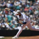 
              Seattle Mariners starting pitcher George Kirby works in his MLB debut, against the Tampa Bay Rays, during the fifth inning of a baseball game, Sunday, May 8, 2022, in Seattle. (AP Photo/John Froschauer)
            