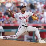 
              Washington Nationals starting pitcher Josiah Gray (40) throws during the first inning of a baseball game against the Los Angeles Angels in Anaheim, Calif., Saturday, May 7, 2022. (AP Photo/Ashley Landis)
            