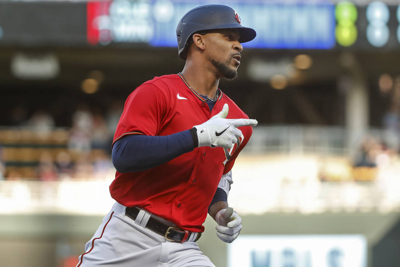 Minnesota Twins' Byron Buxton runs the bases on a solo home run against the Cleveland Guardians dur...