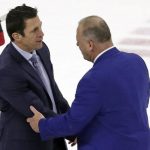 
              Carolina Hurricanes head coacxh Rod Brind'Amour, left, shakes hands with New York Rangers Gerard Gallant after the Rangers won Game 7 of an NHL hockey Stanley Cup second-round playoff series Monday, May 30, 2022, in Raleigh, N.C. (AP Photo/Chris Seward)
            