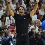 
              Miami Heat head coach Erik Spoelstra gestures during the second half of Game 5 of the NBA basketball Eastern Conference finals playoff series against the Boston Celtics, Wednesday, May 25, 2022, in Miami. (AP Photo/Lynne Sladky)
            