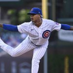 
              Chicago Cubs starting pitcher Marcus Stroman watches a throw to an Arizona Diamondbacks batter during the first inning of a baseball game in Chicago, Thursday, May 19, 2022. (AP Photo/Matt Marton)
            
