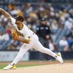 
              San Diego Padres starting pitcher Nick Martinez delivers against the Milwaukee Brewers during the first inning of a baseball game Monday, May 23, 2022, in San Diego. (AP Photo/Mike McGinnis)
            