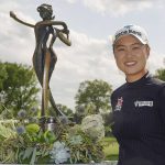 
              Minjee Lee, of Australia, poses with the trophy after winning the LPGA Cognizant Founders Cup golf tournament, Sunday, May 15, 2022, in Clifton, N.J. (AP Photo/Seth Wenig)
            