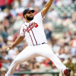 
              Atlanta Braves relief pitcher Kenley Jansen works in the ninth inning of a baseball game against the San Diego Padres, Sunday, May 15, 2022, in Atlanta. (AP Photo/Hakim Wright Sr)
            