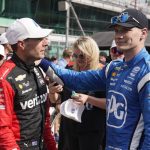 
              Will Power, left, of Australia, is congratulated by Josef Newgarden after Power won the pole for the IndyCar auto race at Indianapolis Motor Speedway, Friday, May 13, 2022, in Indianapolis. (AP Photo/Darron Cummings)
            