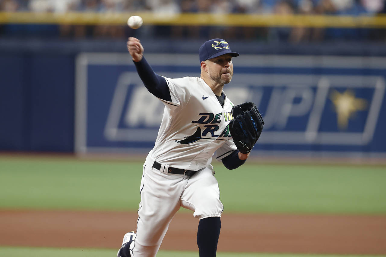 Tampa Bay Rays starting pitcher Corey Kluber works from the mound against the New York Yankees duri...