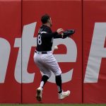 
              Chicago White Sox left fielder AJ Pollock cannot make the play on a one-run double by Los Angeles Angels' Andrew Velazquez during the fourth inning of a baseball game in Chicago, Sunday, May 1, 2022. (AP Photo/Nam Y. Huh)
            