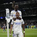 
              Real Madrid's Rodrygo celebrates his side's second goal during the Champions League semi final, second leg, soccer match between Real Madrid and Manchester City at the Santiago Bernabeu stadium in Madrid, Spain, Wednesday, May 4, 2022. (AP Photo/Bernat Armangue)
            