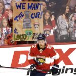 
              Florida Panthers fans hold a sign about the Stanley Cup before an NHL hockey game between the Panthers and the Toronto Maple Leafs, Saturday, April 23, 2022, in Sunrise, Fla.  (AP Photo/Lynne Sladky)
            