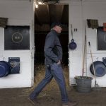 
              Trainer Tim Yakteen walks though his barn after taking Kentucky Derby entrants Tabia and Messier for workouts at Churchill Downs Wednesday, May 4, 2022, in Louisville, Ky. The 148th running of the Kentucky Derby is scheduled for Saturday, May 7. (AP Photo/Charlie Riedel)
            