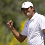 
              Oklahoma State golfer Eugenio Lopez-Chacarra pumps his fist after making birdie on the fifth green during the final round of the NCAA college men's stroke play golf championship, Monday, May 30, 2022, in Scottsdale, Ariz. (AP Photo/Matt York)
            