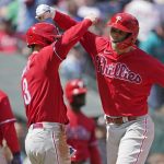 
              Philadelphia Phillies' Rhys Hoskins, right, is greeted by Bryce Harper, center, at the plate after Hoskins hit a grand slam against the Seattle Mariners to score Harper during the fourth inning of a baseball game, Wednesday, May 11, 2022, in Seattle. (AP Photo/Ted S. Warren)
            