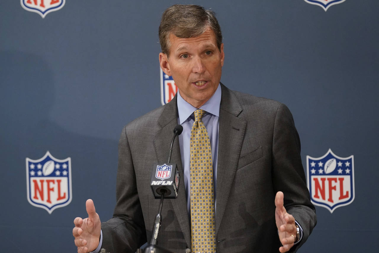 FILE - Dr. Allen Sills, Chief Medical Officer for the NFL, speaks to reporters during the NFL footb...