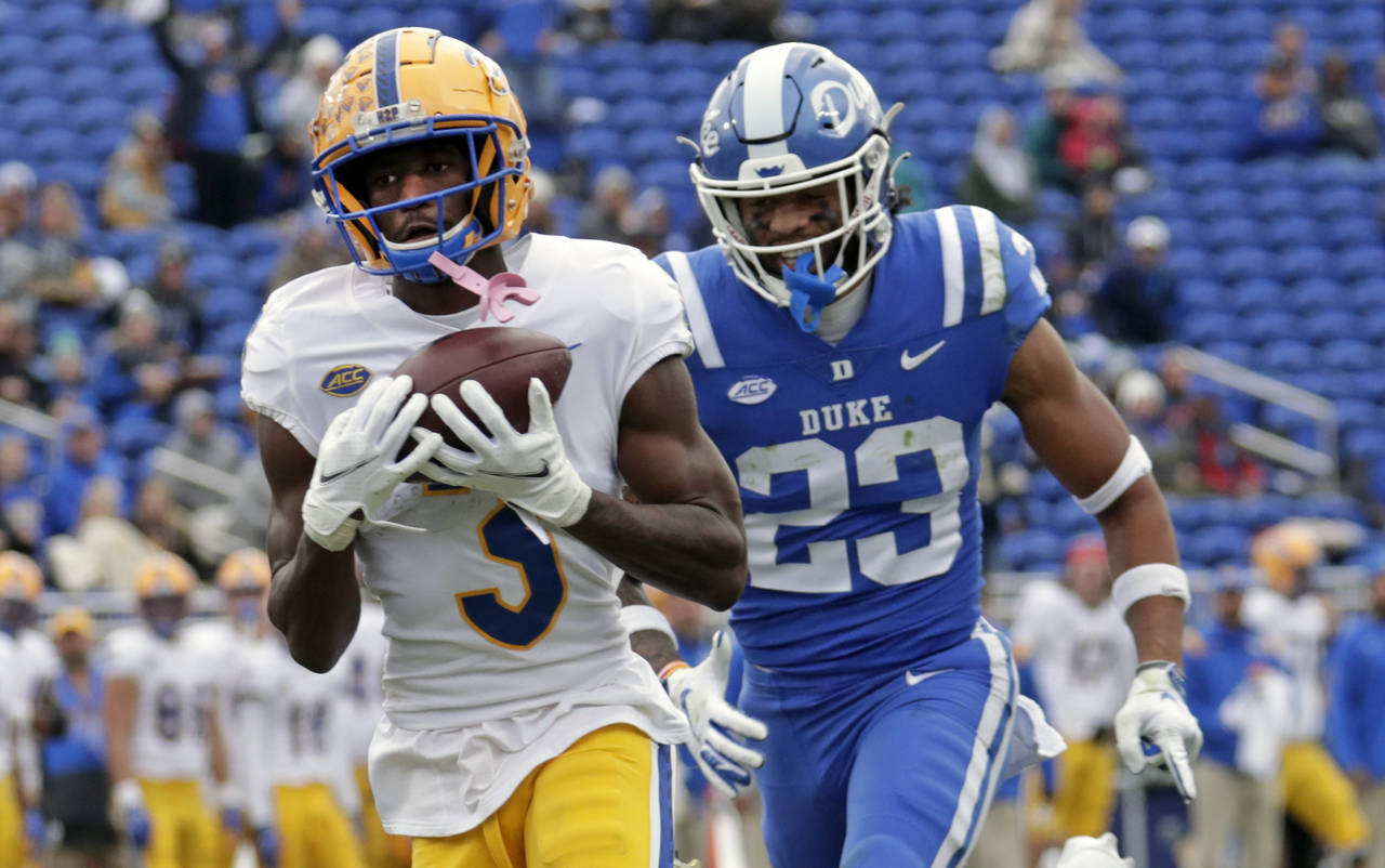 FILE - Pittsburgh wide receiver Jordan Addison (3) hauls in a pass for a touchdown against Duke saf...