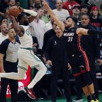 
              Miami Heat's Max Strus (31) defends against Boston Celtics' Jaylen Brown (7) during the second half of Game 3 of the NBA basketball Eastern Conference finals playoff series Saturday, May 21, 2022, in Boston. (AP Photo/Michael Dwyer)
            