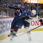 
              St. Louis Blues center Tyler Bozak, right, checks Colorado Avalanche defenseman Cale Makar during the second period of Game 5 of an NHL hockey Stanley Cup second-round playoff series Wednesday, May 25, 2022, in Denver. (AP Photo/David Zalubowski)
            