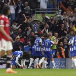 
              Brighton and Hove Albion's Leandro Trossard, center right, celebrates scoring their side's third goal of the game during the English Premier League soccer match between Brighton & Hove Albion and Manchester United at the AMEX Stadium, Brighton, England, Saturday, May 7, 2022. (Gareth Fuller/PA via AP)
            