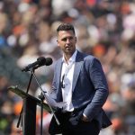 
              Former San Francisco Giants catcher Buster Posey speaks during a ceremony to honor his career, before the team's baseball game between against the St. Louis Cardinals on Saturday, May 7, 2022, in San Francisco. (AP Photo/Tony Avelar)
            