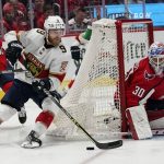 
              Florida Panthers center Sam Bennett (9) tries to shoot the puck with Washington Capitals goaltender Ilya Samsonov (30) defending during the second period of Game 6 in an NHL hockey Stanley Cup playoffs first-round series, Friday, May 13, 2022, in Washington. (AP Photo/Alex Brandon)
            