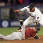 
              Arizona Diamondbacks' Jordan Luplow (8) is tagged out stealing by Miami Marlins' shortstop Miguel Rojas, top, in the seventh inning of a baseball game, Monday, May 2, 2022, in Miami. (AP Photo/Jim Rassol)
            