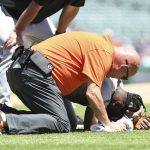 
              CORRECTS TO  FIRST BASEMAN SPENCER TORKELSON NOT PITCHER TARIK SKUBAL - Baltimore Orioles' Jorge Mateo, bottom, is tended to by the team trainer after being injured in a collision with Detroit Tigers first baseman Spencer Torkelson in the second inning of a baseball game in Detroit, Sunday, May 15, 2022. (AP Photo/Lon Horwedel)
            