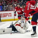 
              Washington Capitals center Nicklas Backstrom (19) has his shot blocked by Florida Panthers goaltender Sergei Bobrovsky (72) during the first period of Game 3 in the first-round of the NHL Stanley Cup hockey playoffs, Saturday, May 7, 2022, in Washington. (AP Photo/Alex Brandon)
            