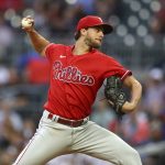 
              Philadelphia Phillies starting pitcher Aaron Nola delivers against the Atlanta Braves during the first inning of a baseball game Thursday, May 26, 2022, in Atlanta. (Curtis Compton/Atlanta Journal-Constitution via AP)
            
