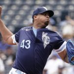 
              Kansas City Royals starting pitcher Carlos Hernandez throws during the first inning of a baseball game against the Chicago White Sox Thursday, May 19, 2022, in Kansas City, Mo. (AP Photo/Charlie Riedel)
            
