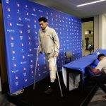 
              Philadelphia 76ers' Danny Green leaves after speaking at a news conference at the team's NBA basketball practice facility, Friday, May 13, 2022, in Camden, N.J. (AP Photo/Matt Slocum)
            