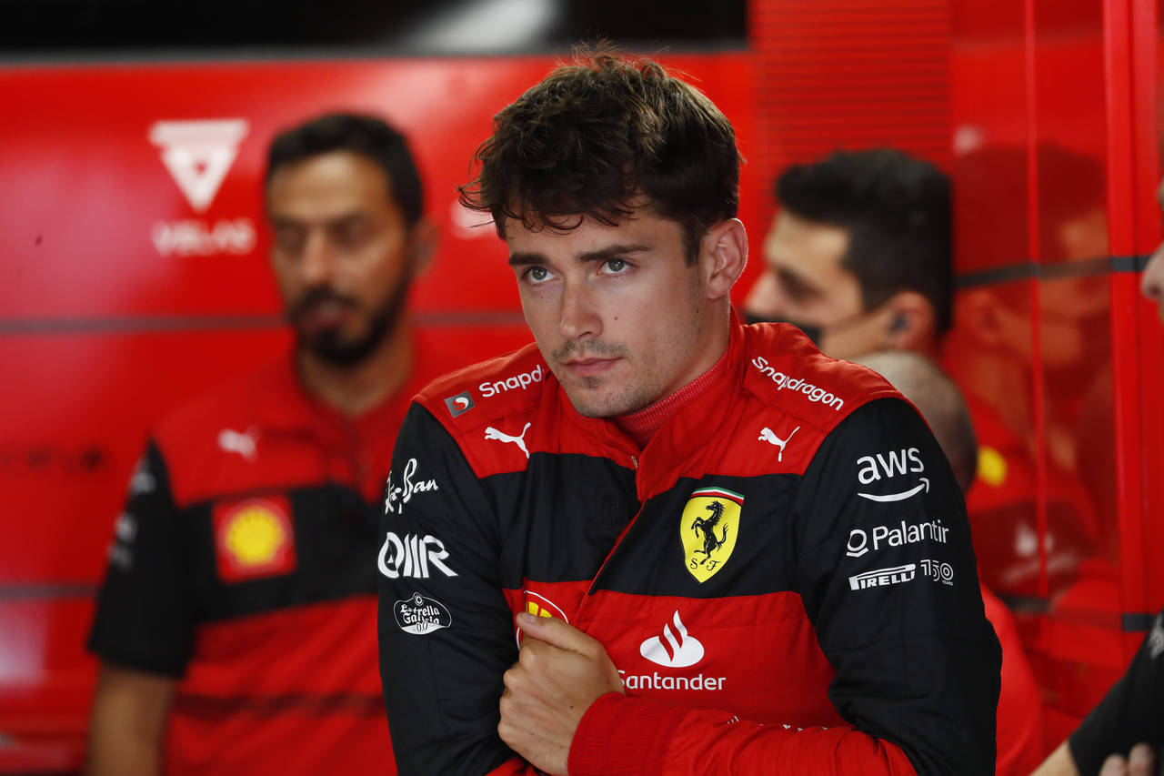 Ferrari driver Charles Leclerc of Monaco waits in the pit during the third practice session at the ...