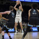 
              Seattle Storm guard Sue Bird (10) shoots against the Chicago Sky during the second half of a WNBA basketball game Wednesday, May 18, 2022, in Seattle. The Storm won 74-71. (AP Photo/Ted S. Warren)
            