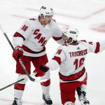 
              Carolina Hurricanes' Vincent Trocheck (16) celebrates his goal with Teuvo Teravainen (86) during the first period of Game 3 of an NHL hockey Stanley Cup first-round playoff series against the Boston Bruins, Friday, May 6, 2022, in Boston. (AP Photo/Michael Dwyer)
            