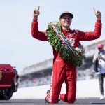 
              Marcus Ericsson, of Sweden, celebrates after winning the Indianapolis 500 auto race at Indianapolis Motor Speedway in Indianapolis, Sunday, May 29, 2022. (AP Photo/AJ Mast)
            