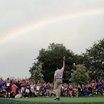 
              File - A rainbow soars above Davis Love III, of Sea Island, Ga., after he won the PGA Championship at Winged Foot Golf Club in Mamaroneck, N.Y., August 17, 1997. Love won his only major 25 years ago. (AP Photo/Elise Amendola, File )
            