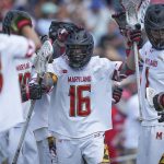 
              Maryland attack Anthony DeMaio (16) celebrates his goal against Cornell during the first half of the NCAA college men's lacrosse championship game, Monday, May 30, 2022, in East Hartford, Conn. (AP Photo/Bryan Woolston)
            
