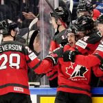 
              Canada's Matt Barzal celebrates his goal with teammates during a match between the Czech Republic and Canada in the semifinals of the Hockey World Championships, in Tampere, Finland, Saturday, May 28, 2022. (AP Photo/Martin Meissner)
            