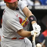
              St. Louis Cardinals designated hitter Albert Pujols breaks his bat during the third inning of a baseball game against the Kansas City Royals, Wednesday, May 4, 2022 in Kansas City, Mo. (AP Photo/Reed Hoffmann)
            