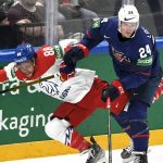 
              David Pastrnak, left, of Czech Republic vies with Sam Lafferty of the United States, during the group B Hockey World Championship match between USA and Czech Republic in Tampere, Finland, Monday, May 23, 2022. (Jussi Nukari/Lehtikuva via AP)
            