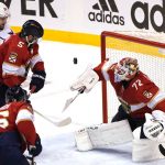 
              Florida Panthers goaltender Sergei Bobrovsky (72) defends the goal during the third period of Game 5 of the first round of the NHL Stanley Cup hockey playoffs against the Washington Capitals, Wednesday, May 11, 2022, in Sunrise, Fla. The Panthers won 5-3. (AP Photo/Lynne Sladky)
            