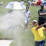 
              Hideki Matsuyama, of Japan, hits out of a bunker on the ninth hole during the fourth round of the AT&T Byron Nelson golf tournament in McKinney, Texas, on Sunday, May 15, 2022. (AP Photo/Emil Lippe)
            