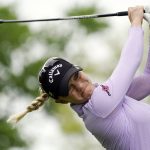 
              Madelene Sagstrom, of Sweden, tees off on the second hole during the third round of the LPGA Cognizant Founders Cup golf tournament, Saturday, May 14, 2022, at the Upper Montclair Country Club in Clifton, N.J. (AP Photo/John Minchillo)
            