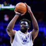 
              Philadelphia 76ers' Joel Embiid warms up before Game 3 of an NBA basketball second-round playoff series against the Miami Heat, Friday, May 6, 2022, in Philadelphia. (AP Photo/Matt Slocum)
            